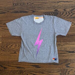 Kids Gray Aviator Nation T-Shirt with Purple Lightning Bolt